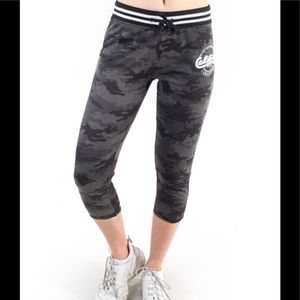 (NWT) Black/Gray Camo Print Capri’s with Stylish Lace Up Straps at Back of Leg